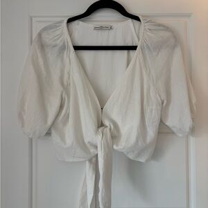 Abercrombie Linen Puff Sleeve Tie-Front Top